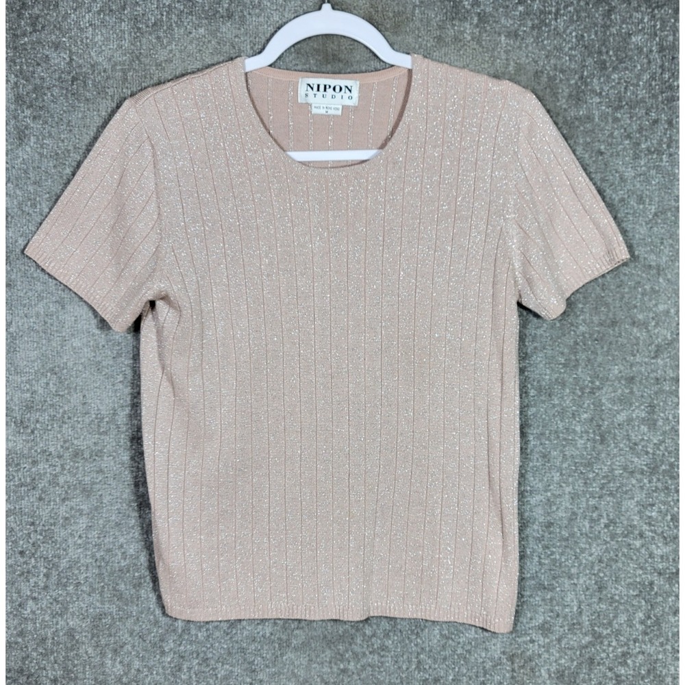 Vintage NIPON Studio Knit Top Womens Size M Pink Metallic Silver Short‎ Sleeve